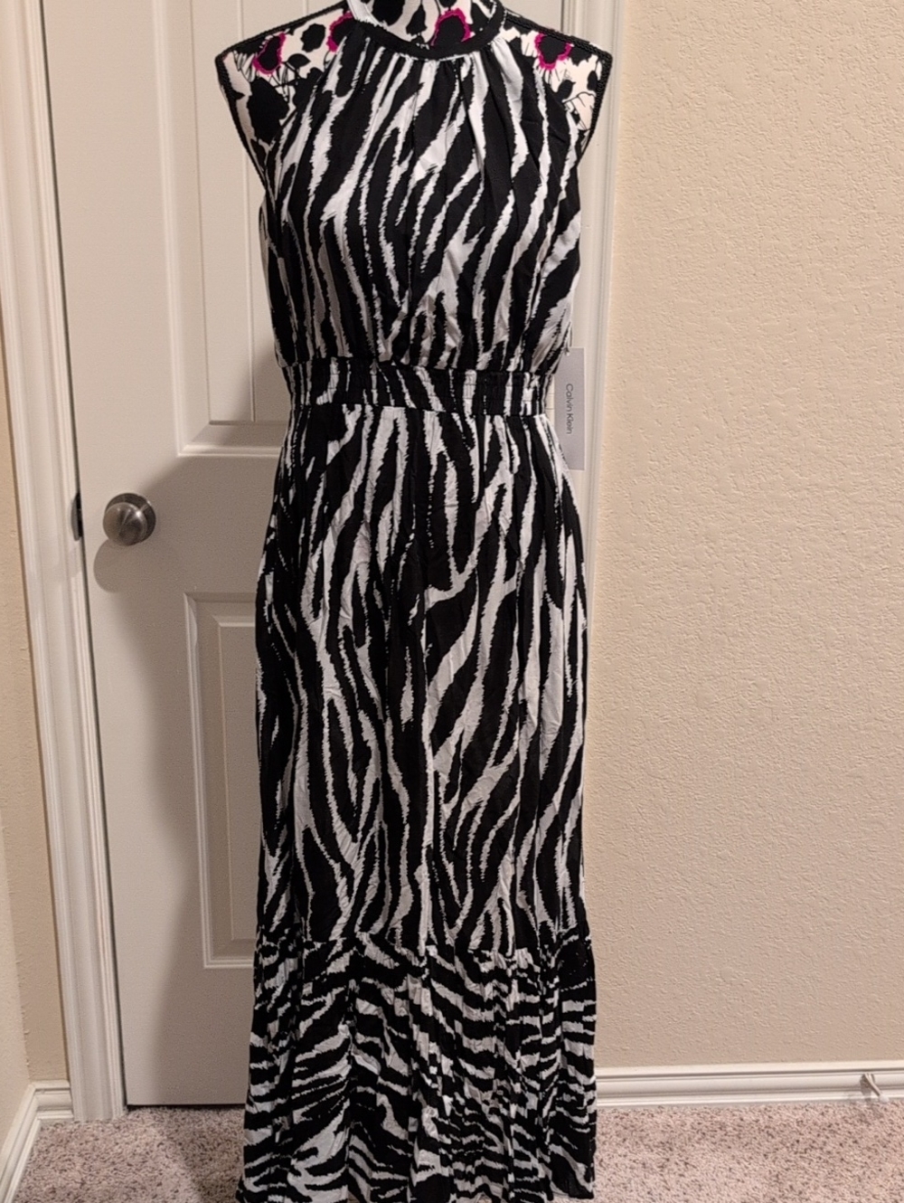 Calvin Klein Black and White Zebra Print High-Neck Maxi Dress Size 4 NWT